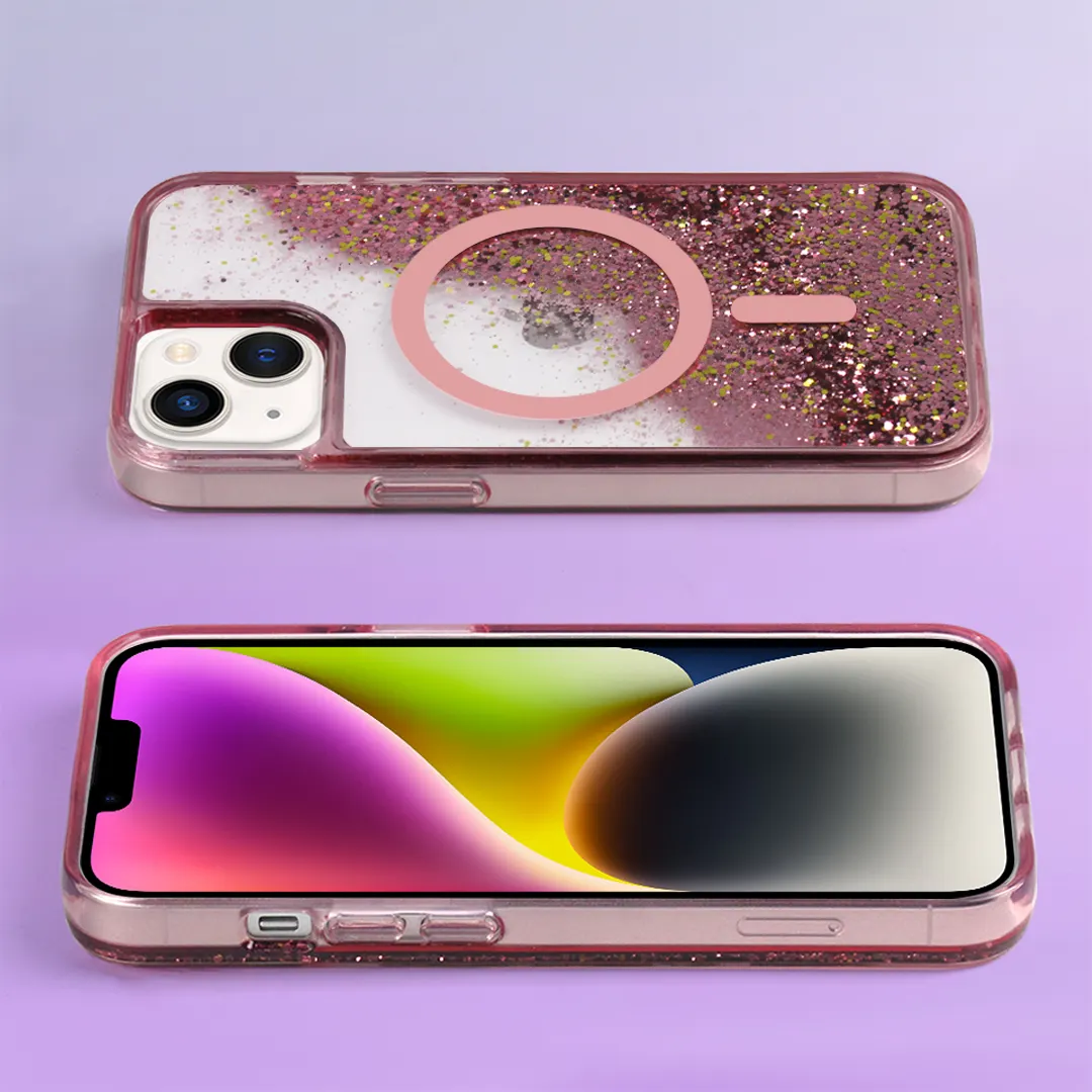Fashion Purple Bling Quicksand Glitter Smart Phonecase for iPhone 13 Pro Max Mag Safe Cover for iPhone 14 Plus Custom Phone Case