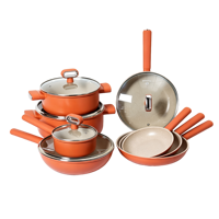 Ensemble de 13 ustensiles de cuisine en aluminium moulé sous pression orange antiadhésifs, poignées résistantes à la chaleur, ensemble de casseroles et de poêles pour cuisinière à induction avec couvercles en verre
