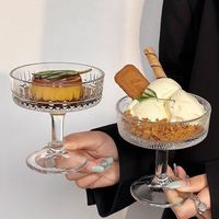 Vintage glazen dessertbeker met steel, 200ml, gegraveerd, voor ijs, yoghurt, pudding, fruitsalade, groothandel