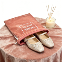 Sac à cordon personnalisé promotionnel pas cher en velours rose pâle, sac à chaussures anti-poussière à cordon