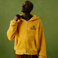 Veste polaire à capuche jaune avec patch brodé de champ de blé, poche plaquée, fermeture éclair, vêtement décontracté, sweat-shirt streetwear personnalisé