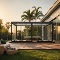 Pergola motorisée en aluminium avec finition thermolaquée, toit à lames orientables, éclairage RGB étanche, portes vitrées - Design inspiré de la nature