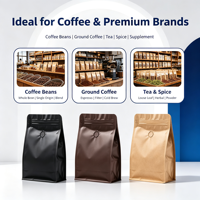 Sachets personnalisés à fond plat givré en papier kraft noir pour grains de café et sucre, avec fermeture éclair et valve de gaz, 250g, jetables