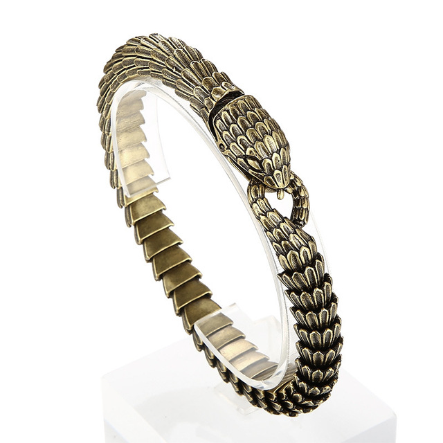 Vintage Punk Hip-Hop Gold Plated Stainless Steel Jewelry Snake Pattern Bangle Titanium Steel Cuban Chain Bracelet Men Bracelet
