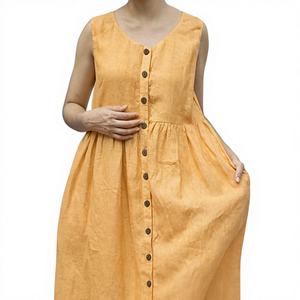Combinaison mi-longue en lin/coton jaune moutarde, col en V, manches bouffantes, style doux, avec poches pour femmes, occasion de Noël - Product Image 1