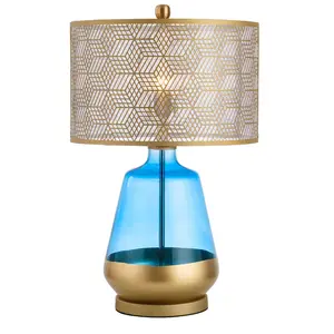 Post Moderne Tafellamp Met Blauw Glas Lamp Body Moderne Metalen Lampenkap Laser Cut Met E27 Leeslamp Art Decor verlichting Ac