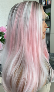 Perruque synthétique frontale rose argenté transparente résistante à la chaleur, lisse et ondulée, aspect naturel, cheveux tendance pour mariage - Product Image 2