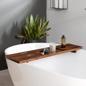 Plateau de bain en bois de teck, plateau de bain réglable de 35 pouces pour baignoires autoportantes, <span class=keywords><strong>avec</strong></span> support antidérapant pour téléphone et verre à vin - Product Image 2