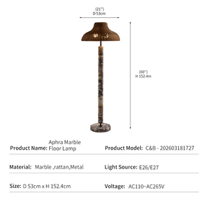 Lampadaire en marbre Aphra, style nordique moderne, pour villa, hôtel, resort, en rotin et marbre naturel, LED E26, vente en gros d'usine, export - Product Image 4