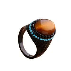 Jewelry Indian Bohemian Elegant Wind alloy Black Pine stone Tiger Eye Stone diamond ring for women