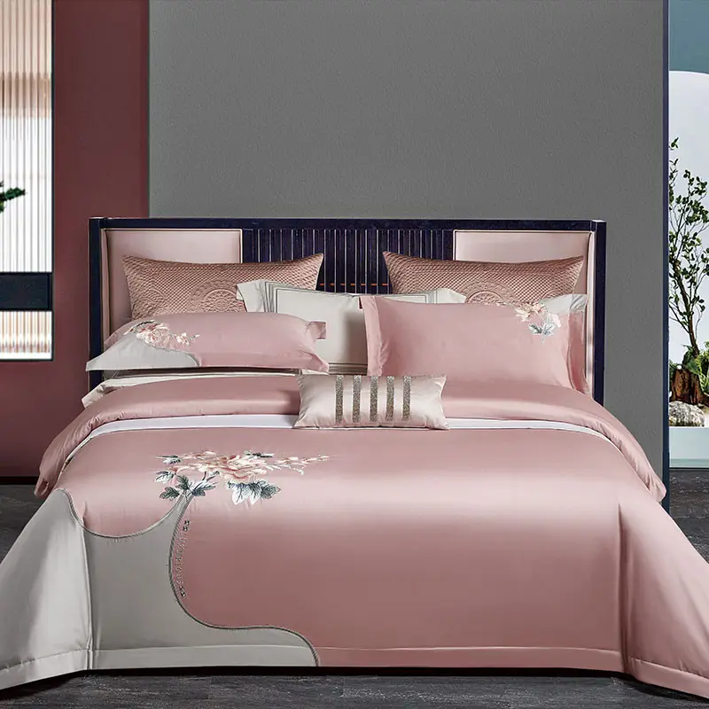 Penutup selimut bunga merah muda katun 1800TC 100% penutup bantal bordir hijau ukuran king-end 4 potong pemasok set tempat tidur