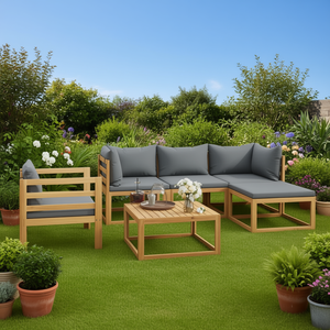 Ensemble de salon de jardin en bois d'acacia massif, 6 pièces, avec coussins, mobilier d'extérieur, design contemporain - Product Image 2