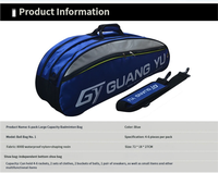 Sac à dos de badminton Guang Yu en tissu imperméable 700D, capacité extra-large pour 6 raquettes, multi-poches, sac de sport à bandoulière et à main