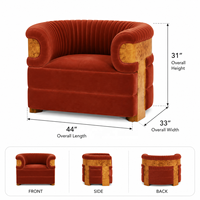 Fauteuil en velours orange brûlé avec accents en bois de burl et capitonnage cannelé pour salon