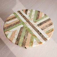 Table basse ronde de salon au design unique, faite à la main, en pierre naturelle contemporaine avec incrustations de marbre multicolores