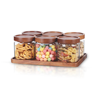 Ensemble de boîtes en verre avec couvercles en bois d'acacia et plateau pour l'organisation et le rangement de la cuisine, 6 pièces, 300 ml, pour les collations