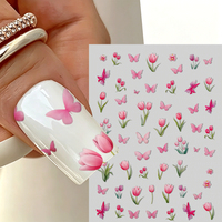 Autocollants 5D Papillon Tulipe Rose pour Ongles, Décalcomanies Florales Printanières Auto-adhésives, Slider de Manucure Imperméable pour Ongles à Presser DIY