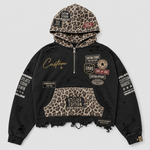 OEM Heavy Cotton Washed Zip Up Hoodie Rhinestone Distressed Patchwork <b>Letter</b> <b>Applique</b> Cropped Streetwear Custom Logo Men Hoodie - Product Image 1