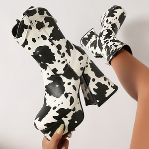Women's High Chunky Heels Ankles <b>Boots</b> Cow Print Denim Shoes Round Toe Back Zipper Thick Platform Short Booties - Product Image 1
