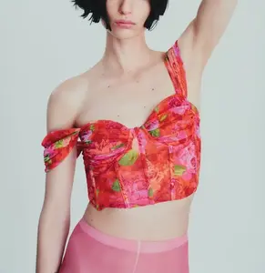 Enyami新着春夏フェミニンセクシーフローラルプリントメッシュスクエアカラー半袖クロップトップス女性用