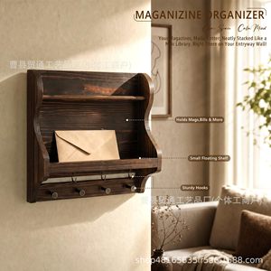 Wooden Wall Mounted Mail Organizer Storage Rack Entryway <b>Shelf</b> With <b>Hooks</b> For Home Living Room Decoration - Product Image 1