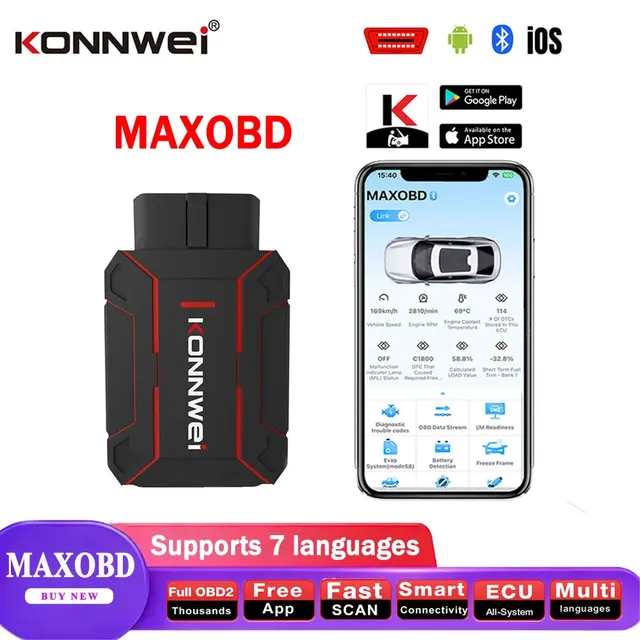 KONNWEI Car OBD2 Diagnostic Scanner with for Connectivity MAXOBD Model Battery & Vehicle Monitoring LCD Display 12V