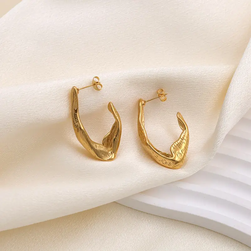 Vintage Irregular Scratches Geometric Stud Earrings Waterproof Stainless Steel Gold Plated Hoop Earrings boucle doreille bijoux