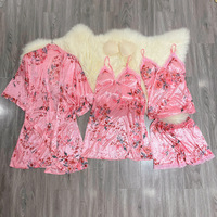 Ensemble de quatre pièces en satin de soie pour femme : nuisette sexy en dentelle, short, robe de nuit et pyjama avec taille élastique – Collection Printemps-Été-Automne