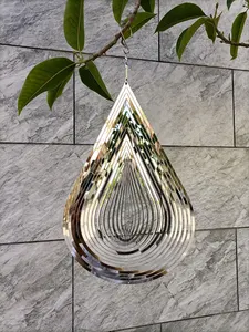 Exquisite Gift Water-drop Shape Silver Hanging Decoration Outdoor 3D Stainless Steel Wind Spinner With 360 Rotatable Hook