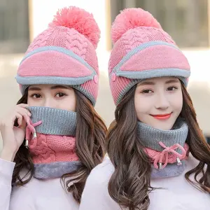 妈妈和女儿冬天的帽子围巾套温暖的女士领子Pom豆豆套时尚温暖的针织帽围巾套妇女舒适的围巾