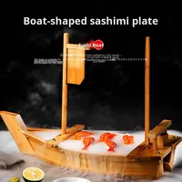 Plateau de service en bois style bateau minimaliste japonais pour sashimi, fruits de mer et sushi, avec glace carbonique, design bateau du dragon