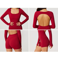 Combinaison de yoga une pièce pour femme en nylon et élasthanne, col carré, manches courtes, dos ouvert, pour entraînement et gym, faible MOQ, logo personnalisé