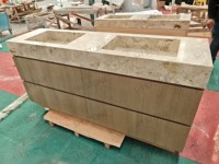 Lavabo double sur pied en marbre de silice naturelle de breccia SH STONE, beige, pour salle de bain moderne d'appartement ou de villa