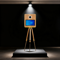 Photomaton professionnel rétro à écran tactile avec impression instantanée, compatible iPad/appareil photo reflex/appareil photo, avec flight case en bois et télécommande, pour mariages et événements.