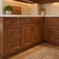 Ensemble d'armoires de cuisine américaines traditionnelles en noyer sur mesure avec portes à panneaux surélevés, îlot central et rangement pleine hauteur pour garde-manger