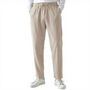 <b>Men</b> Navy Blue Cotton Oxford Casual Pants Elastic Waist Drawstring Straight Fit Lightweight Summer Trousers - Product Image 4