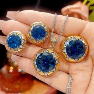 Fashion Eco-friendly Copper Wedding Necklace <b>Sets</b> for Women Jewelry 16-12mm Blue Round Zircon Bridal Pendant Earrings <b>Set</b> Tu - Product Image 1
