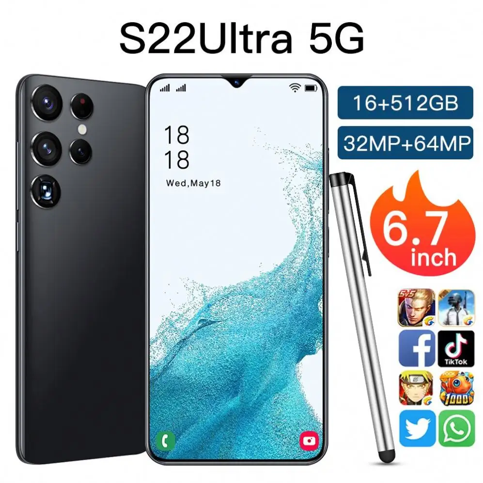 Version globale 2022 pouces HD S22 Ultra Real nouveau téléphone déverrouillé 2mp + 5mp 2 + 16 go MTK6580P 3G 7.2 mAh Smartphones Android