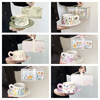 300ml Moderne Luxus-Porzellan-Kaffeetasse mit Bemaltem Muster, Henkel und Untertasse, Spülmaschinen- und Mikrowellenfest, Hitzebeständig, Nachhaltiges Geschenk