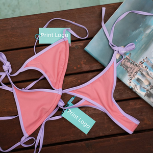 OEM Custom Zwemkleding Zwarte Sportbeha met Sexy Omlijnde Bandjes, Verstelbare Cheeky Bottom, 2-delig Set met Geprint Patroon Top - Product Image 2