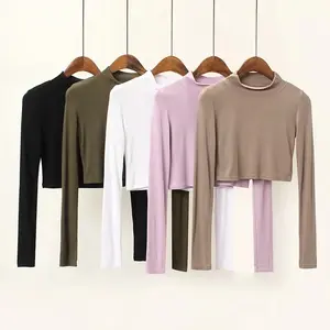 Fabriek Directe Verkoop Hoge Kwaliteit Basis Lange Mouw Rekbare Crop Top Dames Coltrui Sexy Slanke Casual T-Shirt