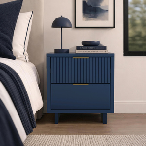 Table de chevet bleu nuit au design moderne et minimaliste avec pieds en bois et poignées dorées pour le rangement de la chambre - Product Image 3