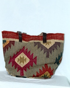 Antique Handmade Indian Tote <b>Bag</b> Women Cotton Jute Leather <b>Strap</b> Bohemian Vintage Style Large Capacity Lightweight <b>Shoulder</b> <b>Bag</b> - Product Image 6
