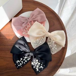 Pasadores de Pelo con Lazo de Seda y Perlas de Color Sólido de Alta Calidad para Mujer, Lazos Grandes de Satén con Cuentas, Pinzas para el Cabello - Product Image 3