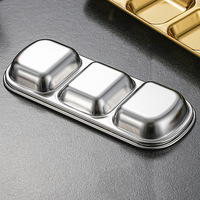 Plat carré multi-compartiments en acier inoxydable 304, style coréen moderne et minimaliste, pour sauces barbecue, design épaissi ; Plat