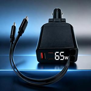 ที่ชาร์จในรถยนต์ 4 in 1 แบบพับเก็บได้ 65W PD QC3.0 ชาร์จเร็ว หมุนได้ 180 องศา พร้อมจอแสดงผลแรงดันไฟฟ้า LED สำหรับผู้ผลิตอุปกรณ์มือถือ - Product Image 1