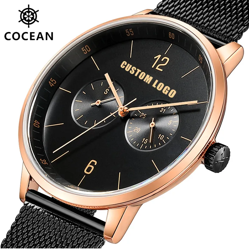 Custom Rose Black Gold Luxury Mesh Strap Fashion Business Chronograph Wristwatches Man Classic Quartz Watches for Men