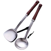 Ustensiles de cuisine en acier inoxydable : louche, spatule, cuillère à soupe, spatule pour wok avec manche en bois, ustensiles de cuisine en métal