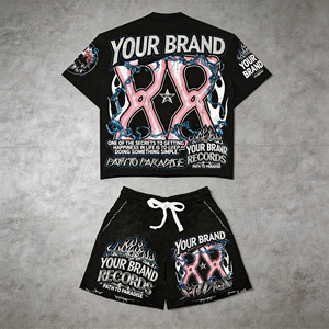 Ensemble deux pièces pour homme, t-shirts en coton imprimés DTG, effet délavé, ensemble de t-shirts et shorts avec cordon élastique - Product Image 1