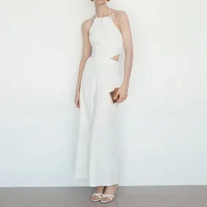 Macacão de linho sem mangas para mulheres, novo design de verão elegante personalizado e modesto